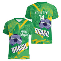Custom Brazil Football Women V-Neck T-Shirt Vamos Selecao Brushes Style - Wonder Print Shop