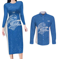 Greece Basketball Custom Couples Matching Long Sleeve Bodycon Dress and Long Sleeve Button Shirt Go Hellas Blue Version - Wonder Print Shop