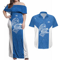 Greece Basketball Custom Couples Matching Off Shoulder Maxi Dress and Hawaiian Shirt Go Hellas Blue Version - Wonder Print Shop