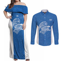 Greece Basketball Custom Couples Matching Off Shoulder Maxi Dress and Long Sleeve Button Shirt Go Hellas Blue Version - Wonder Print Shop