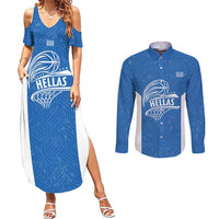 Greece Basketball Custom Couples Matching Summer Maxi Dress and Long Sleeve Button Shirt Go Hellas Blue Version - Wonder Print Shop