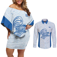 Hellas Basketball Custom Couples Matching Off Shoulder Short Dress and Long Sleeve Button Shirt Go Greece White Version - Wonder Print Shop