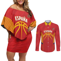 Spain Basketball Custom Couples Matching Off Shoulder Short Dress and Long Sleeve Button Shirt La Roja Go Champions - Wonder Print Shop