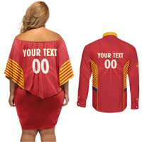 Spain Basketball Custom Couples Matching Off Shoulder Short Dress and Long Sleeve Button Shirt La Roja Go Champions - Wonder Print Shop