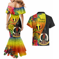 Vanuatu Tafea Day Couples Matching Mermaid Dress and Hawaiian Shirt Coat Of Arms Mix Tropical Flowers - Wonder Print Shop