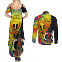 Vanuatu Tafea Day Couples Matching Summer Maxi Dress and Long Sleeve Button Shirts Coat Of Arms Mix Tropical Flowers - Wonder Print Shop