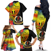 Vanuatu Tafea Day Family Matching Off Shoulder Long Sleeve Dress and Hawaiian Shirt Coat Of Arms Mix Tropical Flowers - Wonder Print Shop