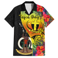 Black Hawaiian shirt with crest, cross and tropical flowers front view