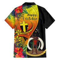 Black Hawaiian shirt back print with 'Happy 8 October' crest and tropical flowers