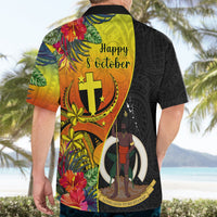 Adult black Hawaiian shirt back with 'Happy 8 October' crest and tropical flowers