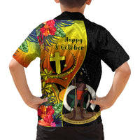 Kids black Hawaiian shirt back print with crest, cross and tropical flowers
