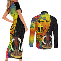 Personalised Vanuatu Tafea Day Couples Matching Short Sleeve Bodycon Dress and Long Sleeve Button Shirts Coat Of Arms Mix Tropical Flowers - Wonder Print Shop