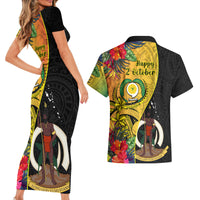 Vanuatu Torba Day Couples Matching Short Sleeve Bodycon Dress and Hawaiian Shirt Coat Of Arms Mix Tropical Flowers - Wonder Print Shop
