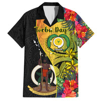 Black short-sleeve Hawaiian shirt with Torba Day graphic and tropical flowers