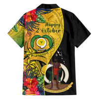 Black short-sleeve Hawaiian shirt with Happy 2 October text and tropical floral print