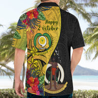 Black Hawaiian shirt back view with Happy 2 October text and tropical flower print