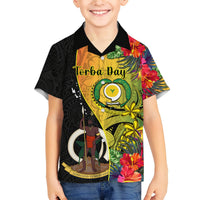 Black kid Hawaiian shirt with Torba Bay graphic, tropical flowers, and open collar