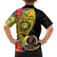 Black kid Hawaiian shirt back view with Happy 2 October text and tropical floral design