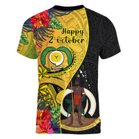 Vanuatu Torba Day Women V Neck T Shirt Coat Of Arms Mix Tropical Flowers - Wonder Print Shop