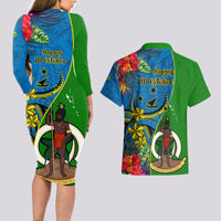 Vanuatu Malampa Day Couples Matching Long Sleeve Bodycon Dress and Hawaiian Shirt Coat Of Arms Mix Tropical Flowers - Wonder Print Shop