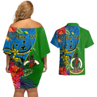 Personalised Vanuatu Malampa Day Couples Matching Off Shoulder Short Dress and Hawaiian Shirt Coat Of Arms Mix Tropical Flowers - Wonder Print Shop