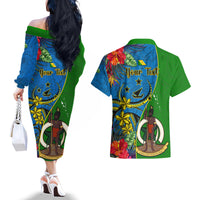 Personalised Vanuatu Malampa Day Couples Matching Off The Shoulder Long Sleeve Dress and Hawaiian Shirt Coat Of Arms Mix Tropical Flowers - Wonder Print Shop