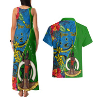 Personalised Vanuatu Malampa Day Couples Matching Tank Maxi Dress and Hawaiian Shirt Coat Of Arms Mix Tropical Flowers - Wonder Print Shop