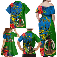 Personalised Vanuatu Malampa Day Family Matching Off Shoulder Maxi Dress and Hawaiian Shirt Coat Of Arms Mix Tropical Flowers - Wonder Print Shop