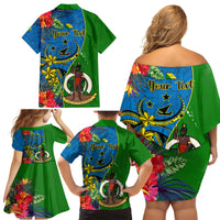 Personalised Vanuatu Malampa Day Family Matching Off Shoulder Short Dress and Hawaiian Shirt Coat Of Arms Mix Tropical Flowers - Wonder Print Shop