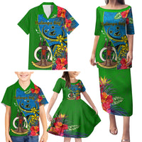Personalised Vanuatu Malampa Day Family Matching Puletasi Dress and Hawaiian Shirt Coat Of Arms Mix Tropical Flowers - Wonder Print Shop