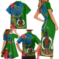 Personalised Vanuatu Malampa Day Family Matching Short Sleeve Bodycon Dress and Hawaiian Shirt Coat Of Arms Mix Tropical Flowers - Wonder Print Shop