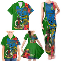Personalised Vanuatu Malampa Day Family Matching Tank Maxi Dress and Hawaiian Shirt Coat Of Arms Mix Tropical Flowers - Wonder Print Shop