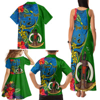 Personalised Vanuatu Malampa Day Family Matching Tank Maxi Dress and Hawaiian Shirt Coat Of Arms Mix Tropical Flowers - Wonder Print Shop