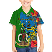 Personalised Vanuatu Malampa Day Kid Hawaiian Shirt Coat Of Arms Mix Tropical Flowers - Wonder Print Shop
