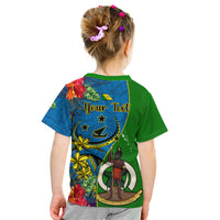 Personalised Vanuatu Malampa Day Kid T Shirt Coat Of Arms Mix Tropical Flowers - Wonder Print Shop