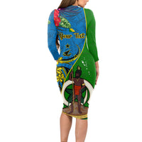 Personalised Vanuatu Malampa Day Long Sleeve Bodycon Dress Coat Of Arms Mix Tropical Flowers - Wonder Print Shop