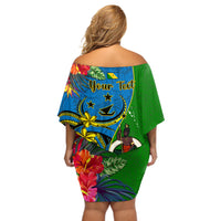 Personalised Vanuatu Malampa Day Off Shoulder Short Dress Coat Of Arms Mix Tropical Flowers - Wonder Print Shop
