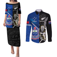 Custom New Zealand And Samoa Rugby Couples Matching Puletasi Dress and Long Sleeve Button Shirts All Black Tiki Fern Mix Manu Samoa 2023 World Cup - Wonder Print Shop