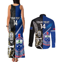 Custom New Zealand And Samoa Rugby Couples Matching Tank Maxi Dress and Long Sleeve Button Shirts All Black Tiki Fern Mix Manu Samoa 2023 World Cup - Wonder Print Shop