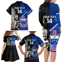 Custom New Zealand And Samoa Rugby Family Matching Long Sleeve Bodycon Dress and Hawaiian Shirt All Black Tiki Fern Mix Manu Samoa 2023 World Cup - Wonder Print Shop