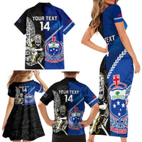 Custom New Zealand And Samoa Rugby Family Matching Short Sleeve Bodycon Dress and Hawaiian Shirt All Black Tiki Fern Mix Manu Samoa 2023 World Cup - Wonder Print Shop