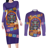 Mexico Day Of The Dead Couples Matching Long Sleeve Bodycon Dress and Long Sleeve Button Shirt Sombrero Sugar Skull Marigold Pan De Muerto - Wonder Print Shop