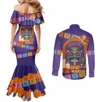 Mexico Day Of The Dead Couples Matching Mermaid Dress and Long Sleeve Button Shirt Sombrero Sugar Skull Marigold Pan De Muerto - Wonder Print Shop
