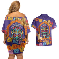 Mexico Day Of The Dead Couples Matching Off Shoulder Short Dress and Hawaiian Shirt Sombrero Sugar Skull Marigold Pan De Muerto - Wonder Print Shop
