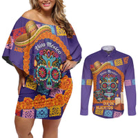 Mexico Day Of The Dead Couples Matching Off Shoulder Short Dress and Long Sleeve Button Shirt Sombrero Sugar Skull Marigold Pan De Muerto - Wonder Print Shop