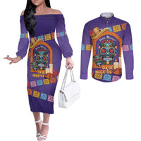 Mexico Day Of The Dead Couples Matching Off The Shoulder Long Sleeve Dress and Long Sleeve Button Shirt Sombrero Sugar Skull Marigold Pan De Muerto - Wonder Print Shop