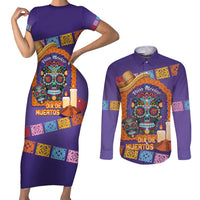Mexico Day Of The Dead Couples Matching Short Sleeve Bodycon Dress and Long Sleeve Button Shirt Sombrero Sugar Skull Marigold Pan De Muerto - Wonder Print Shop