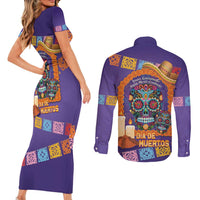 Mexico Day Of The Dead Couples Matching Short Sleeve Bodycon Dress and Long Sleeve Button Shirt Sombrero Sugar Skull Marigold Pan De Muerto - Wonder Print Shop
