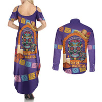 Mexico Day Of The Dead Couples Matching Summer Maxi Dress and Long Sleeve Button Shirt Sombrero Sugar Skull Marigold Pan De Muerto - Wonder Print Shop