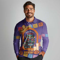 Mexico Day Of The Dead Long Sleeve Polo Shirt Sombrero Sugar Skull Marigold Pan De Muerto - Wonder Print Shop